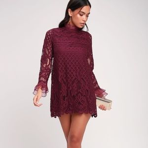 NWT Lulus Love and Joy Burgundy Lace Long Sleeve Shift Dress (XS - fits like S)